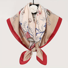 Brown Satin Square Scarf Flower Print Bandana Silk Head Wrap