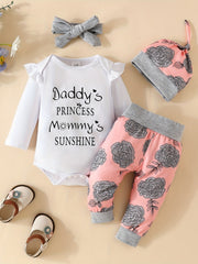 4pcs Baby Letter Flower Print Outfit Set for Girls