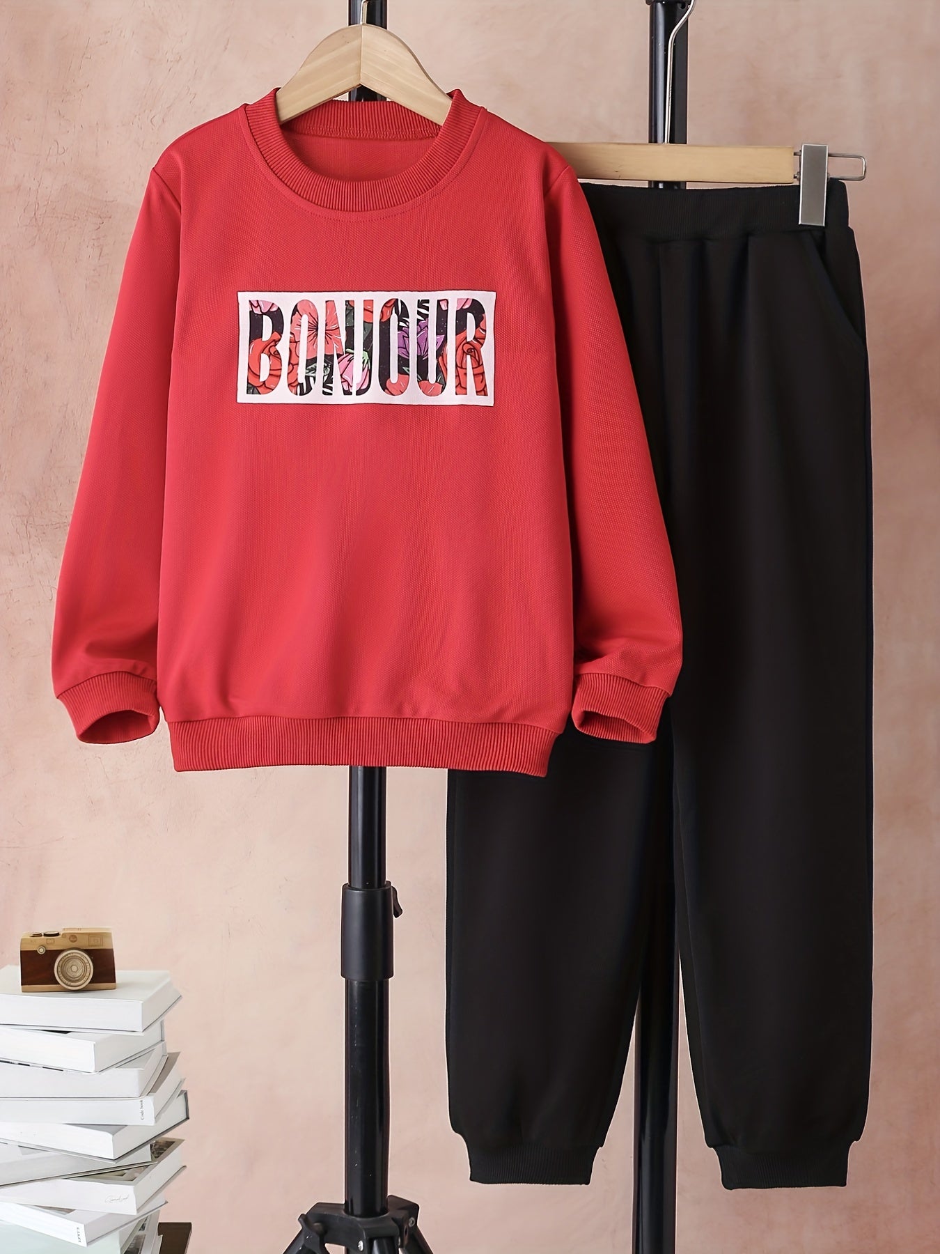 Girl's BONJOUR 2pcs Sweatshirt & Sweatpants Set Tropical Plant Pattern