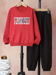 Girl's BONJOUR 2pcs Sweatshirt & Sweatpants Set Tropical Plant Pattern