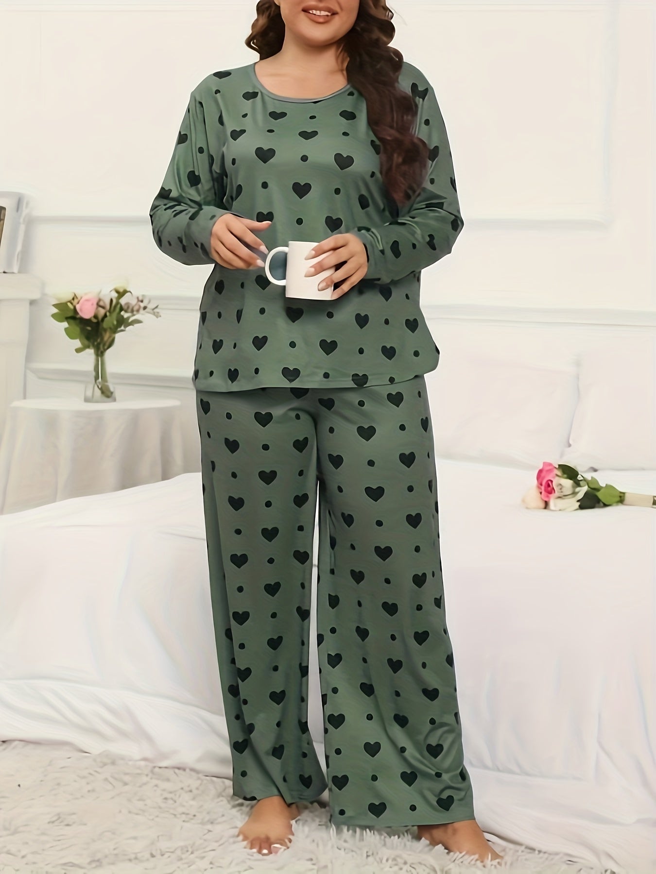 Heart & Polka Dot Print Long Sleeve Pajamas Set