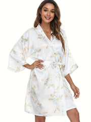 Floral Print V-Neck Night Robe With Belt
