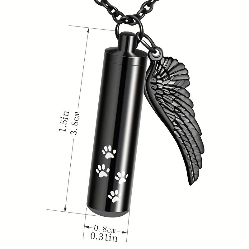 Cylinder Cremation Urn Necklace For Ashes With Angel Wing