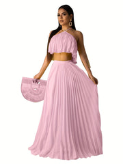 Solid Pleated Two piece Set Sleeveless Cropped Cami Top & High Waist Maxi Skirts