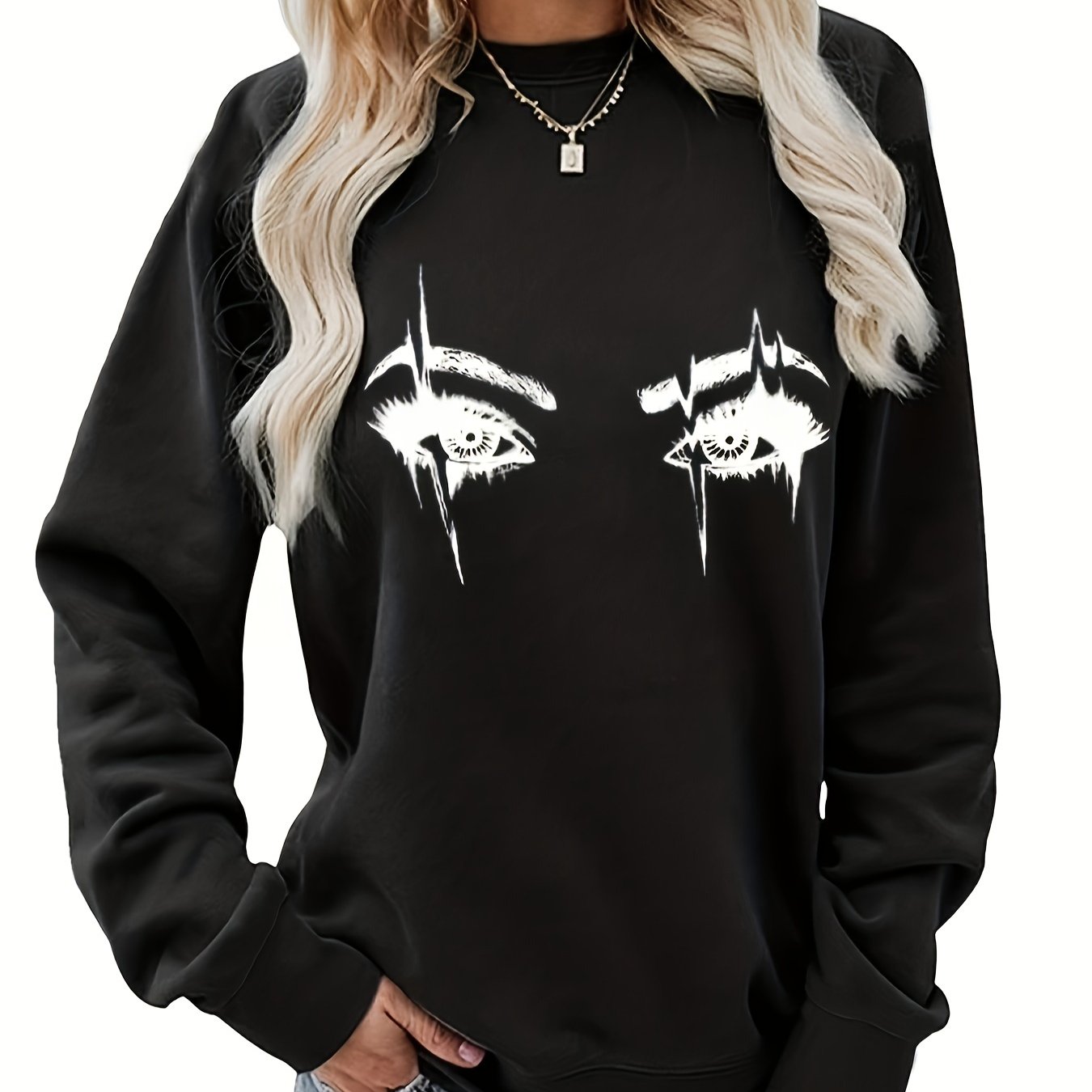 Eye Print Sweatshirt Long Sleeve Crew Neck Women's Clothing