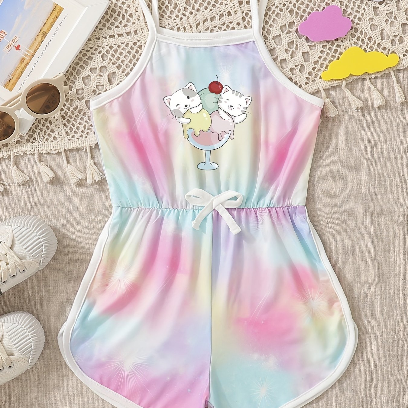 Toddler Girls Tie Dye Ice Cream Cat Romper Jumpsuit