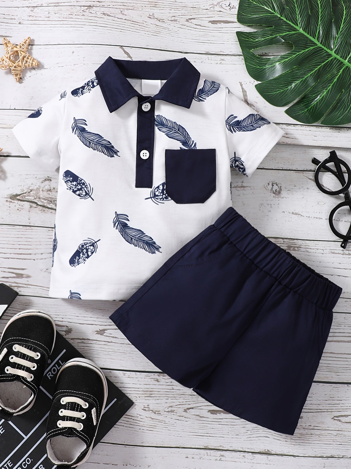 Baby Boys Leaf Print Outfit Short Sleeves Polo Shirt & Shorts