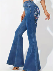 Floral Print High Rise Flared Leg Jeans