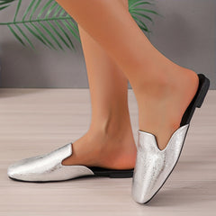 Women's Silver Faux Leather Mules Square Toe Slip On Outdoor Shoes