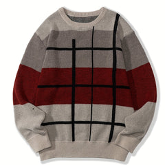 Knitted Block Sweater Men's Casual Warm Crew Neck Pullover For Men