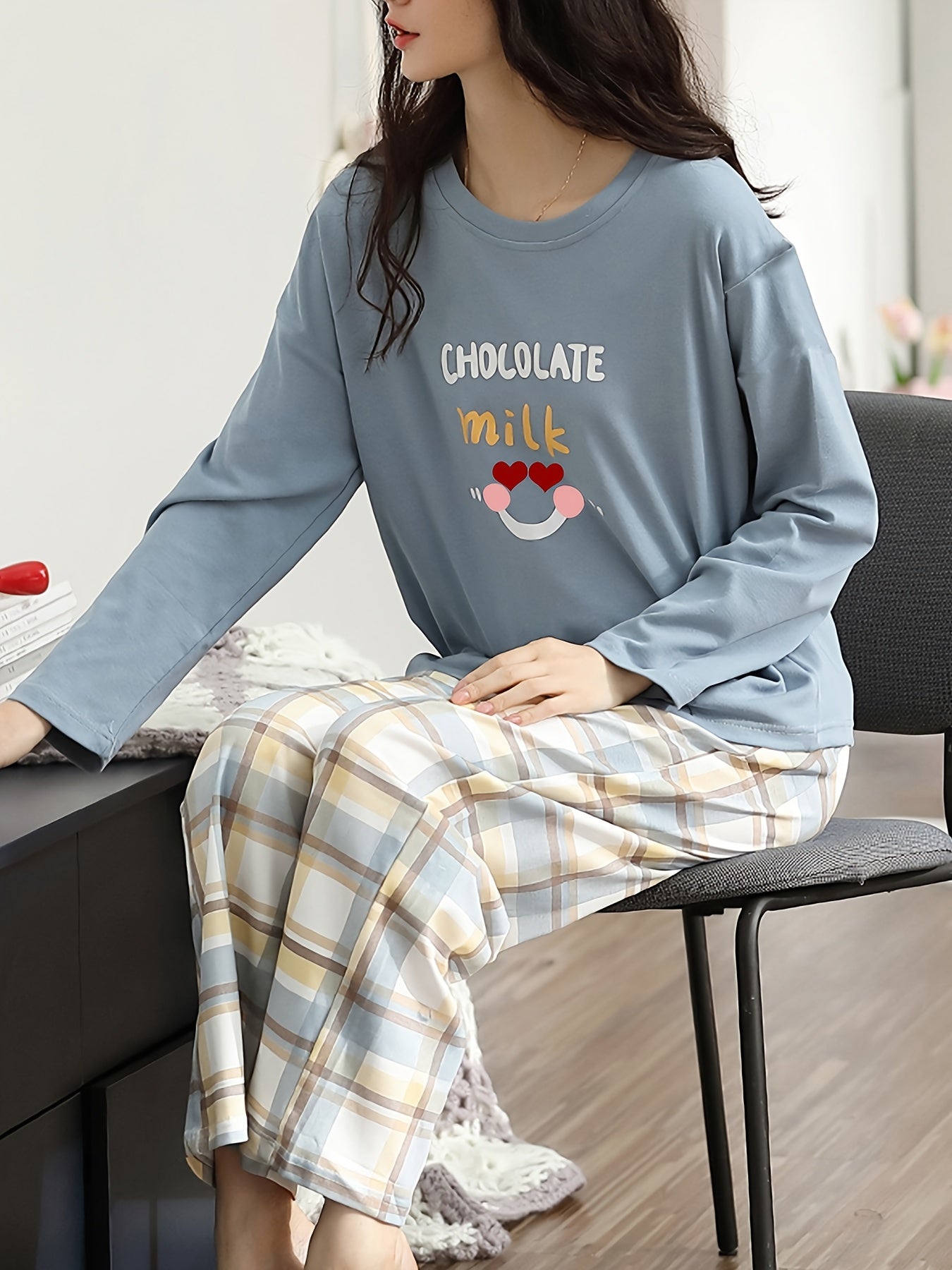 Letter Print Pajama Set Long Sleeve Top & Plaid Pants