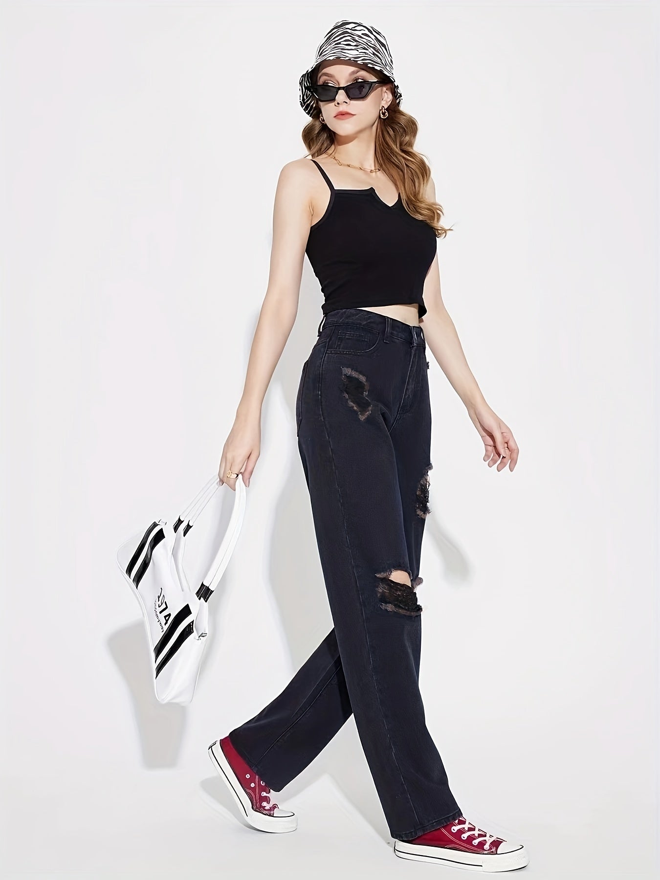 High Rise Distressed Straight Leg Denim Jeans