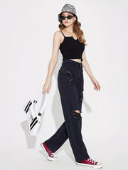 High Rise Distressed Straight Leg Denim Jeans