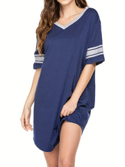 Striped Short Sleeve Lounge Dress Soft & Comfy V Neck Home Dress Women's Lounge