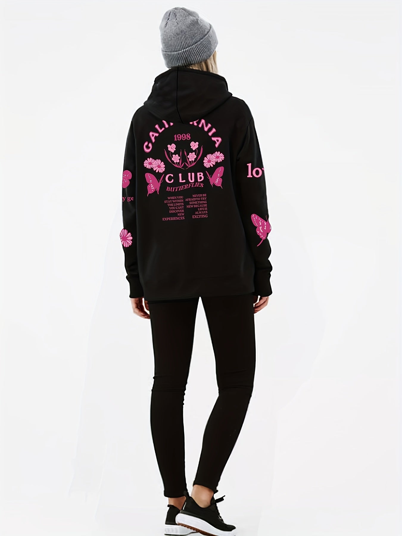 Butterfly & Flower Print Kangaroo Pocket Hoodie Women's Sweatshirt