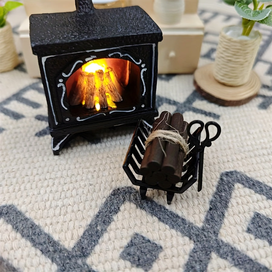 Mini Metal Fireplace w/ Wood Logs & Iron Grate Dollhouse Accessory