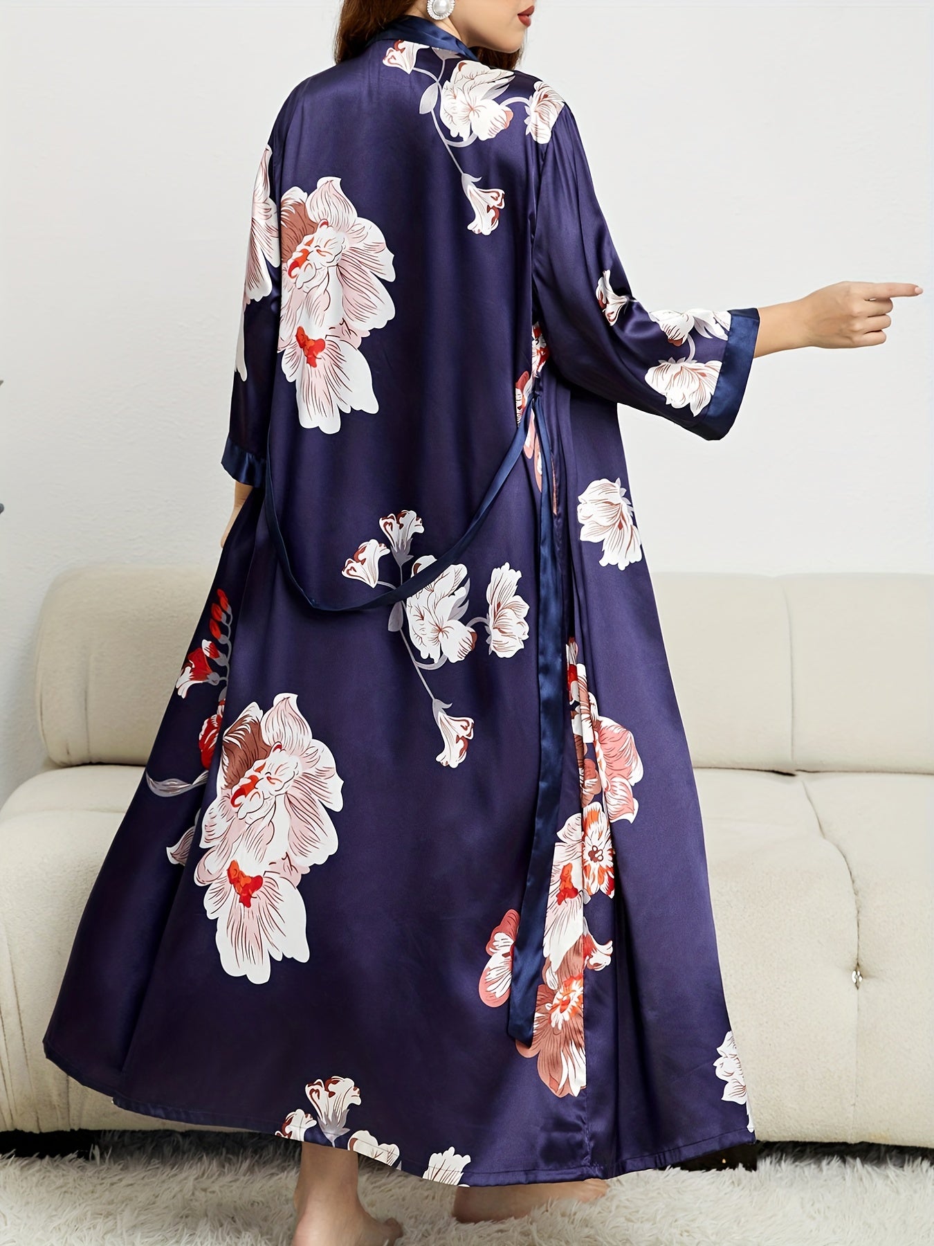 Floral Print Long Sleeve Robe With Belt Plus V Neck Nightgown