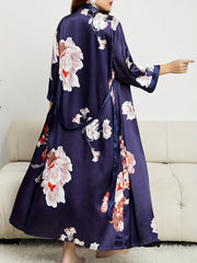 Floral Print Long Sleeve Robe With Belt Plus V Neck Nightgown