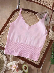 Cherry Pattern Embroidered Knit Crop Cami Top Cutout V Neck Summer Sleeveless