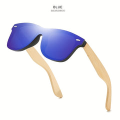 Square Frame Sunglasses Mirror Lens Wooden Temple Glasses UV400
