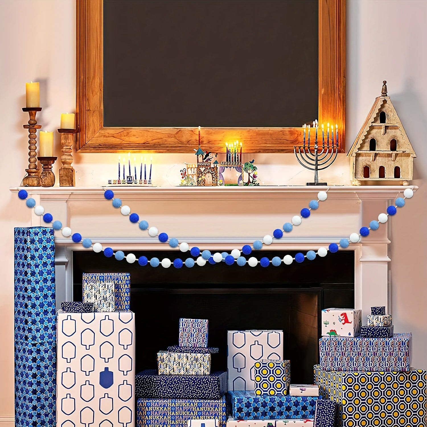 Hanukkah Pompoms Wreath Dark Pompoms Decoration