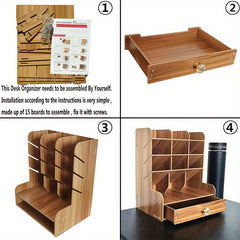 Wooden Desk Organizer Pen Holder Office Art Supplies Storage