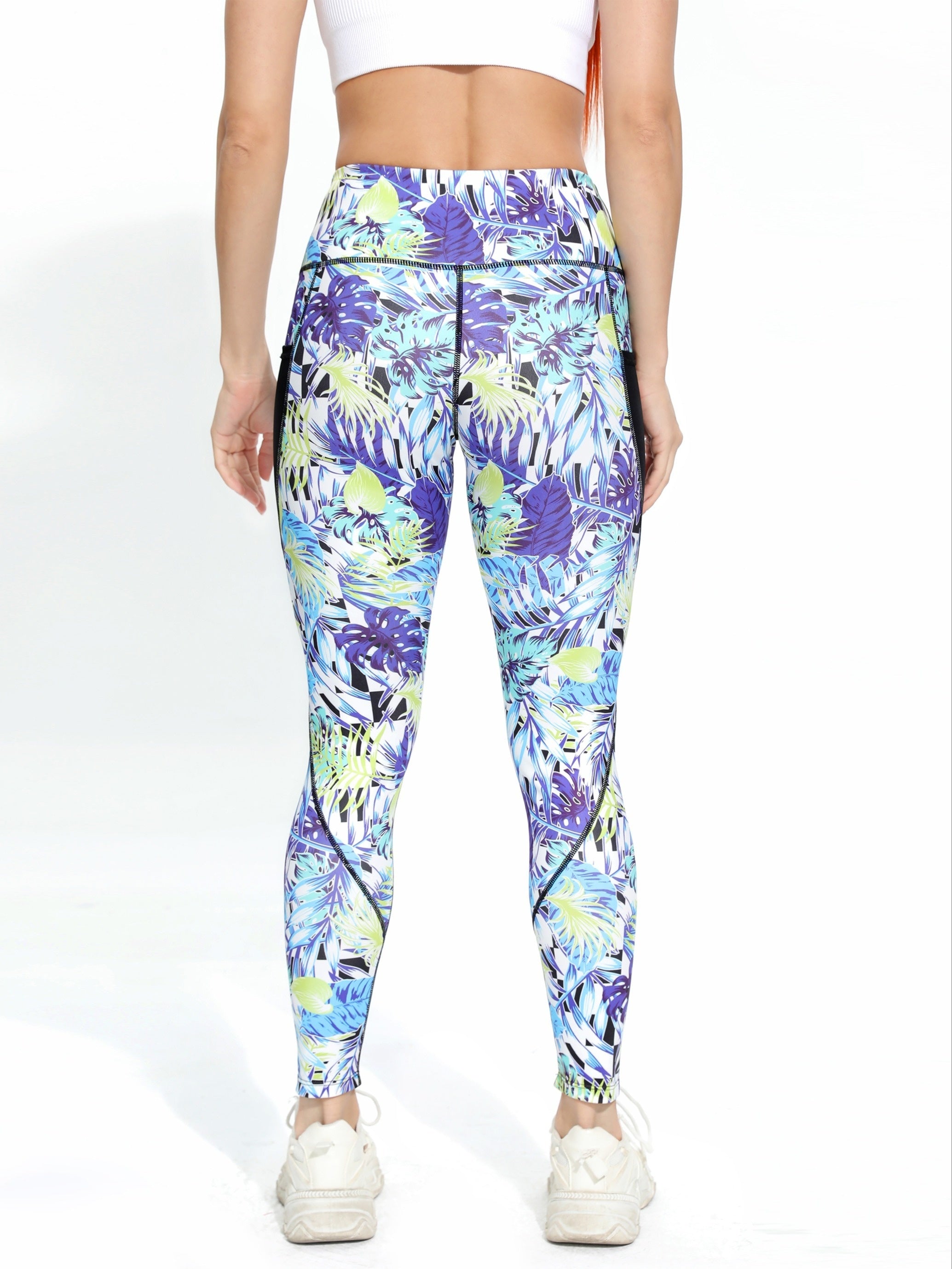 Leaf Print Yoga Pants High Stretch With Pocket Slimming Leggings