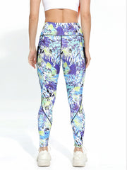 Leaf Print Yoga Pants High Stretch With Pocket Slimming Leggings