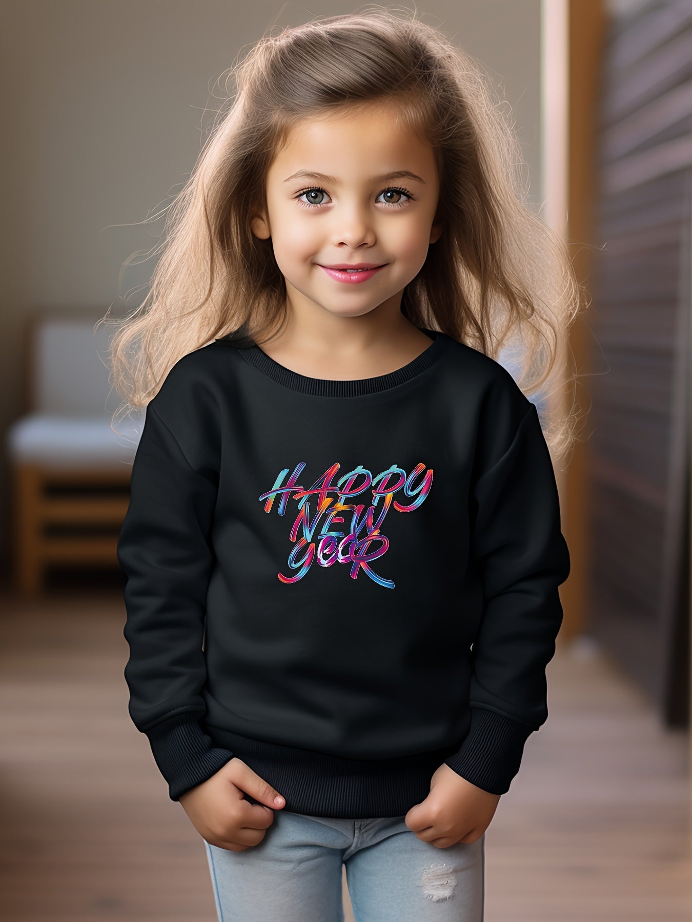 Girls Happy Year Pattern Crew Neck Long Sleeve Sweatshirt
