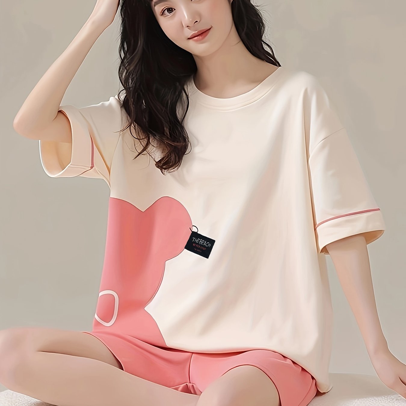 Bear Print Pajama Set Short Sleeve Crew Neck Top & Shorts