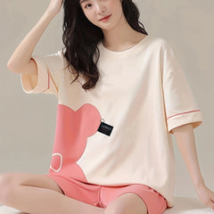 Bear Print Pajama Set Short Sleeve Crew Neck Top & Shorts