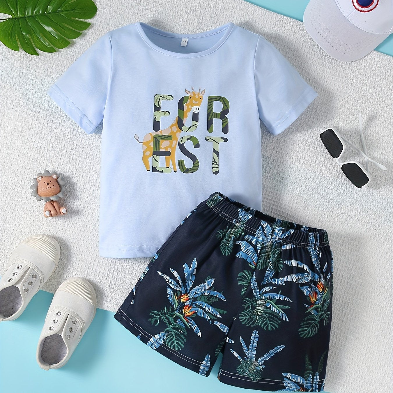 Boys Giraffe Graphic T-shirt & Tropical Leaves Shorts Set