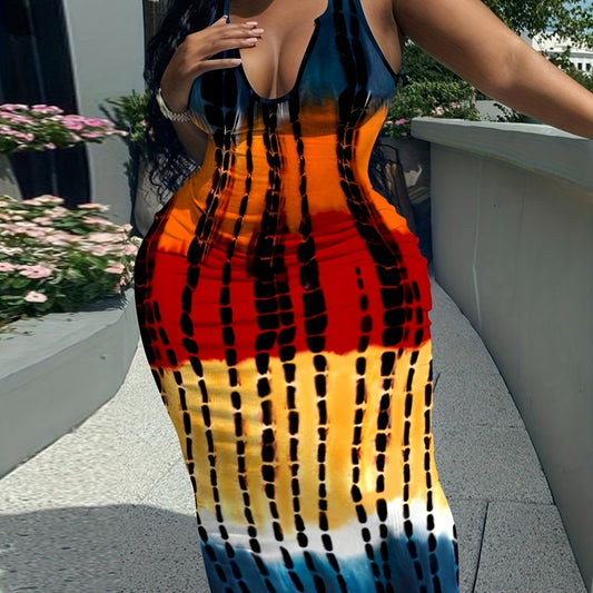 Colorblock Tie Dye Bodycon Maxi Tank Dress