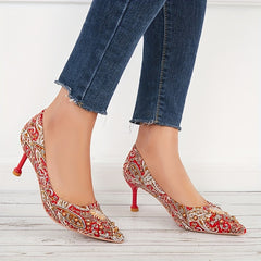 Rhinestone High Heels Paisley Pattern Pointed Toe Stiletto Heels