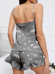 Heart & Letter Print Pajama Set with Lace Trim V Neck Cami Top & Ruffle Shorts