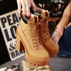 Chunky Heeled Short Boots Round Toe Lace Up High Heels Waterproof Shoes
