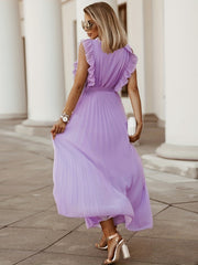 Ruffle Trim Pleated Dress Solid Surplice Neck Maxi Dress Women's Clothing