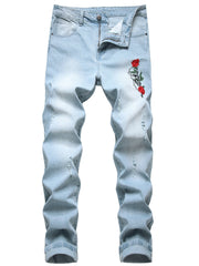 Men's Rose Embroidery Ripped Washed Jeans Streetwear Denim Pants