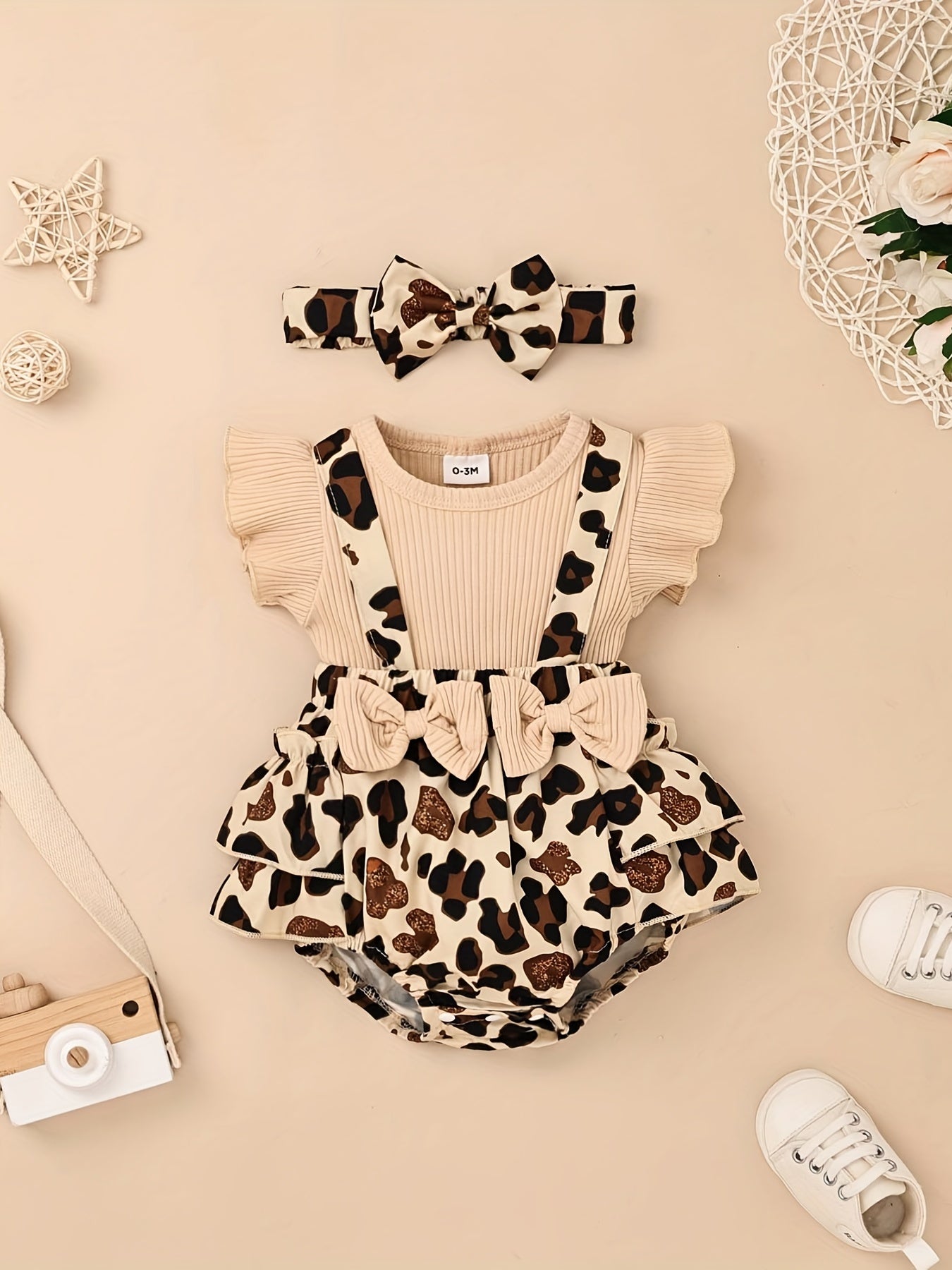 2pcs Baby Girls Leopard Print Onesie & Headband for Summer