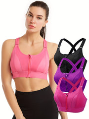 3pcs Zipper Front Sports Tank Bras Comfy Everyday Vest Bra Women's Lingerie