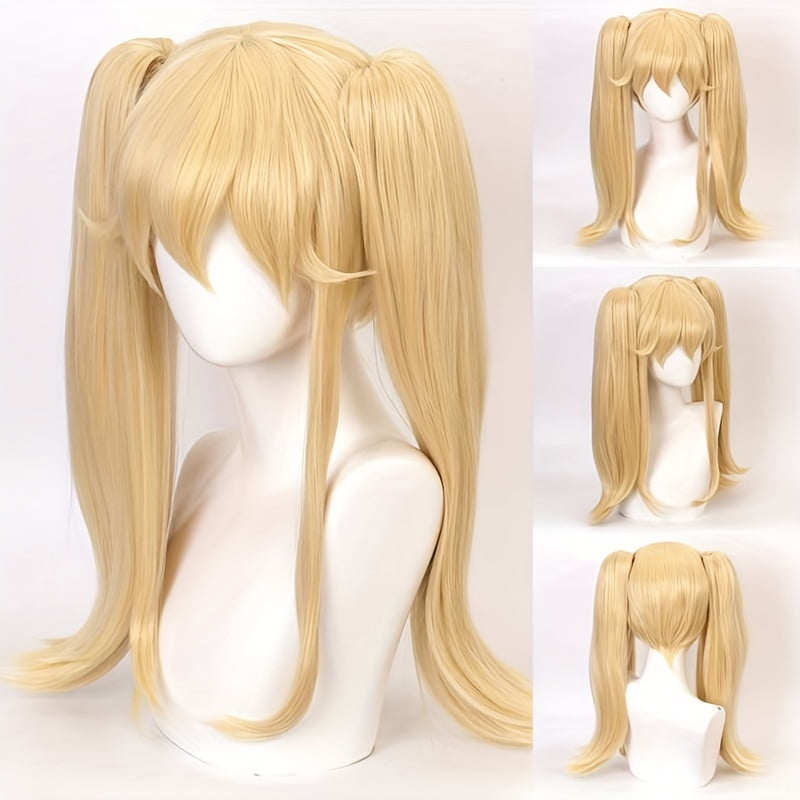 Brown Long Curly Wig With Bangs 2 Ponytail Synthetic Wig Anime Cosplay Wig