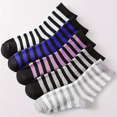 5 Pairs Striped Crew Socks Comfy & Breathable Women's Mid Tube Stockings