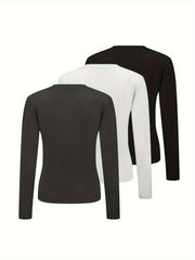 3pcs Solid Thermal Underwear Tops Long Sleeve Crew Neck Women's Lingerie