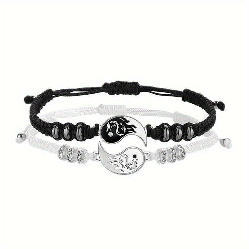 2Pcs Yin Yang Couple Bracelets Necklace Set Adjustable Braid Chain