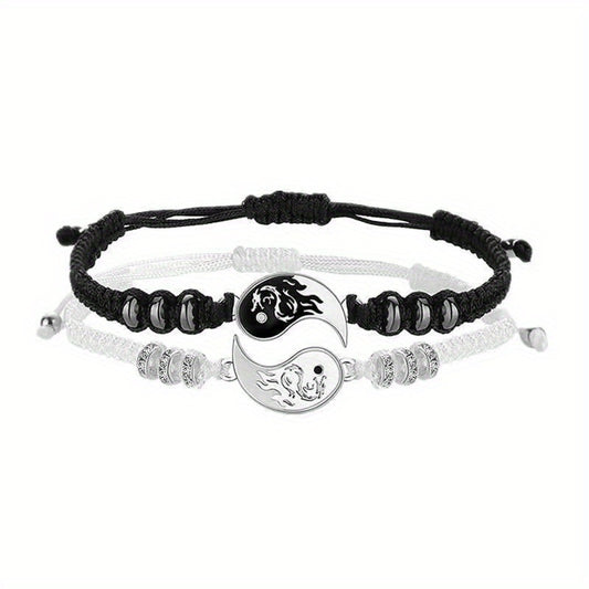 2Pcs Yin Yang Couple Bracelets Necklace Set Adjustable Braid Chain