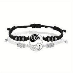 2Pcs Yin Yang Couple Bracelets Necklace Set Adjustable Braid Chain
