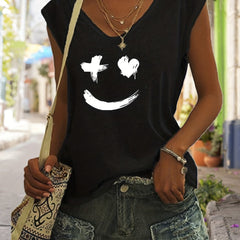Smile Print V Neck Tank Top Women's Sleeveless Casual Summer Tank