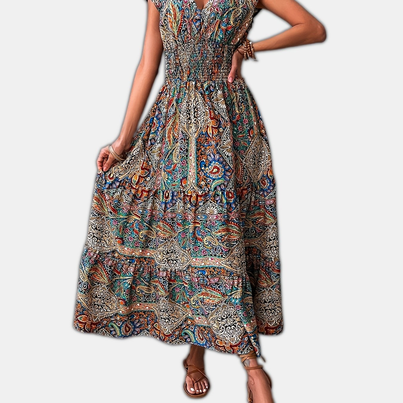 Paisley Print Boho Maxi Dress V Neck Short Sleeve
