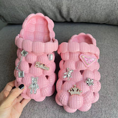 Women's Lychee Bubble Clogs Bear Chain Accessaries Closed Toe Slide Shoes