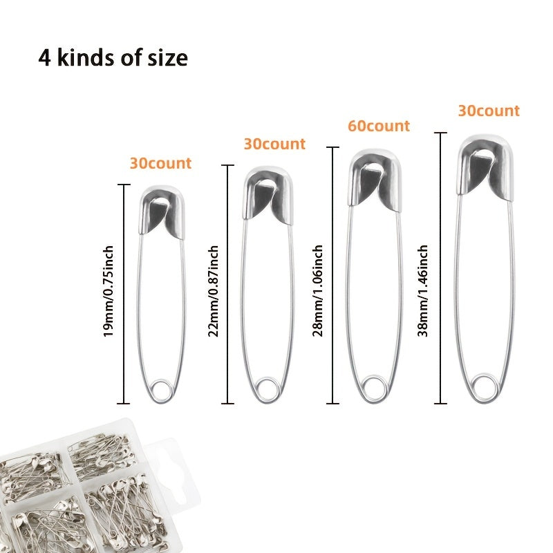 150pcs Safety Pins 4 Sizes Metal Silvery Sewing Supplies